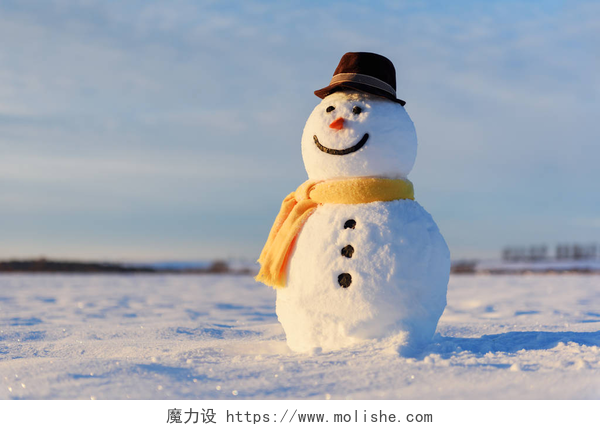 雪地中可爱的雪人特写戴黑帽子的雪人真有趣